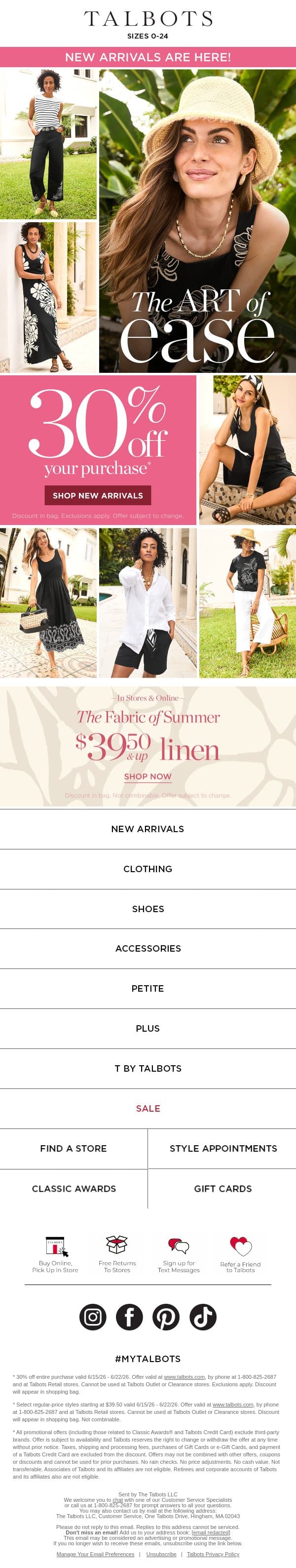 🌊 NEW ARRIVALS just in + 30% off EVERYTHING* email from Talbots screenshot
