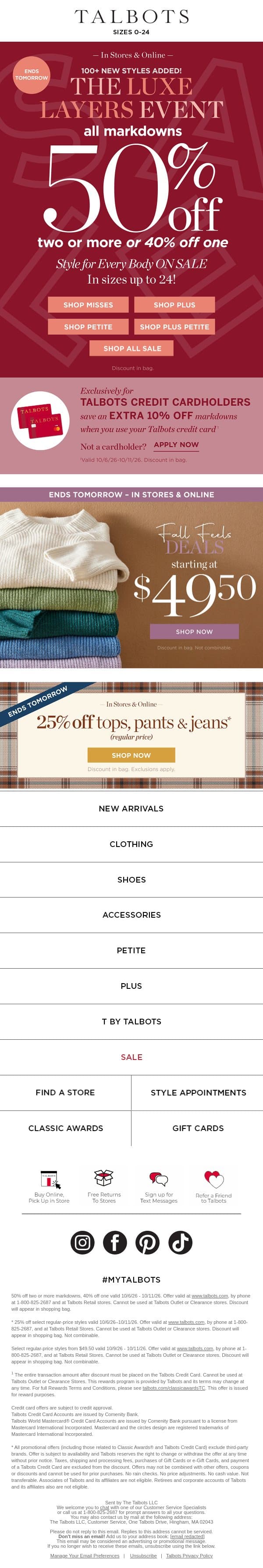 50% off 2+ markdowns ENDS TOMORROW! email from Talbots screenshot