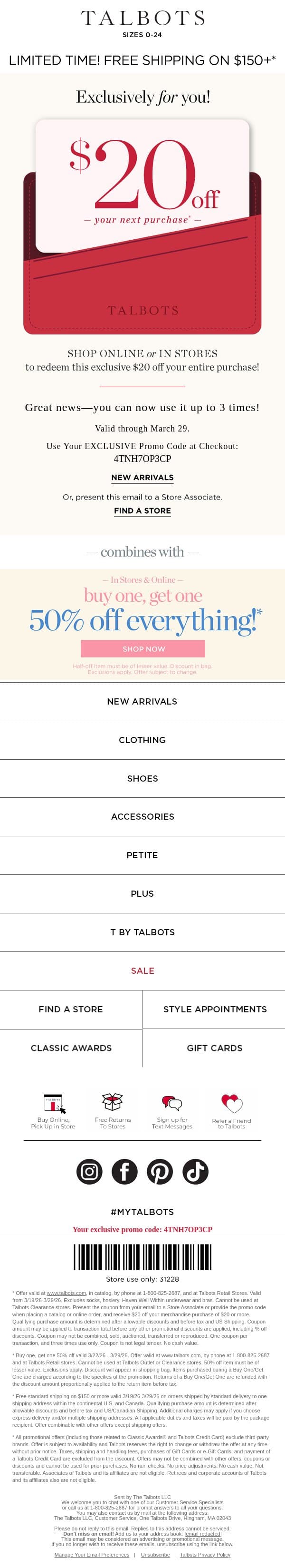 Hello? Your exclusive $20 off is calling! 🌷🌻☀️ email from Talbots screenshot