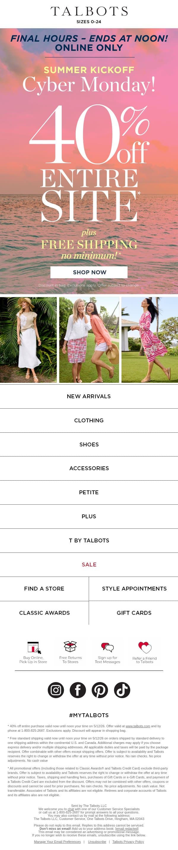 Last chance! SAVE 40% and kick off your most stylish summer EVER email from Talbots screenshot
