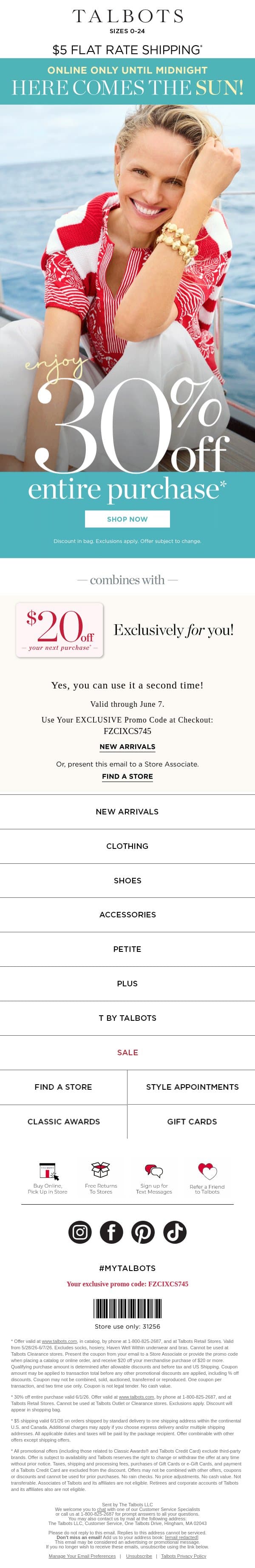 😎 TODAY ONLY—30% off + $5 shipping email from Talbots screenshot
