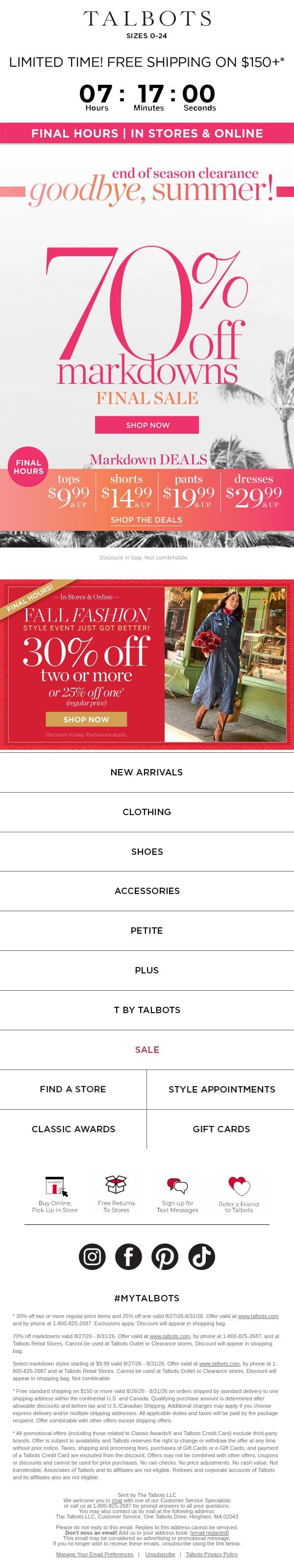 FINAL HOURS: 70% off sale + 30% off 2 or more* email from Talbots screenshot
