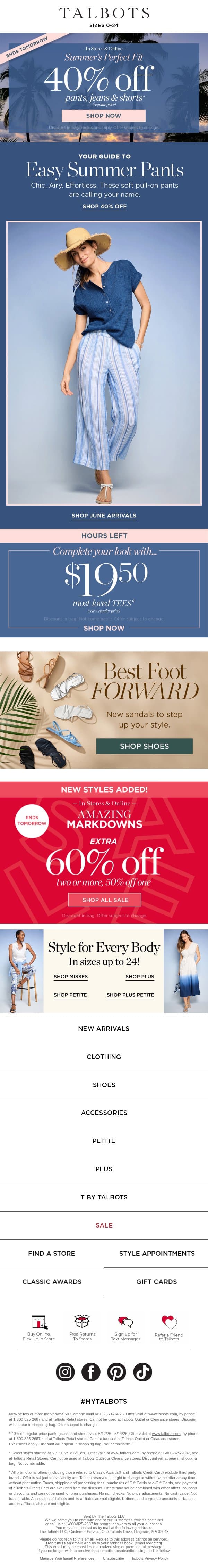 Time’s running out for 40% off PANTS, JEANS & SHORTS email from Talbots screenshot