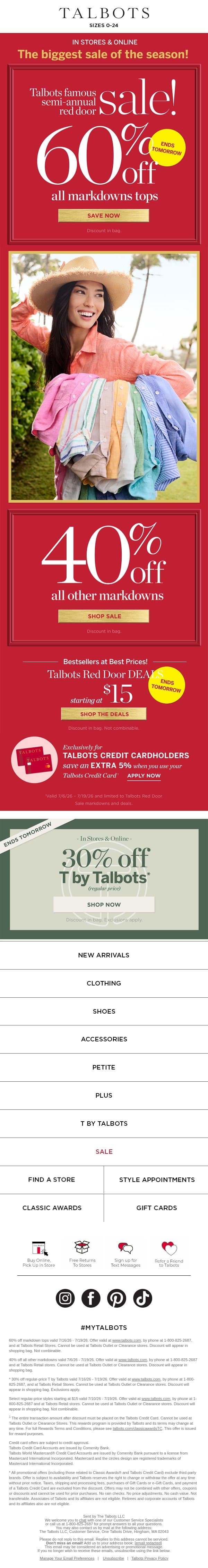 Linen tops on sale? EXTRA 60% off until TOMORROW! email from Talbots screenshot