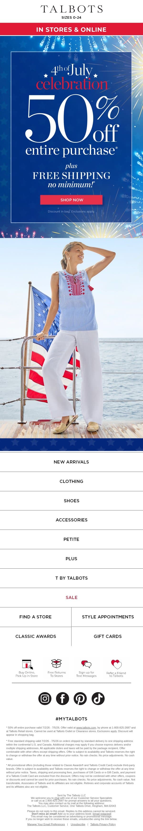 ❤️⭐💙 Happy 4th of July! 50% off ENTIRE SITE* email from Talbots screenshot