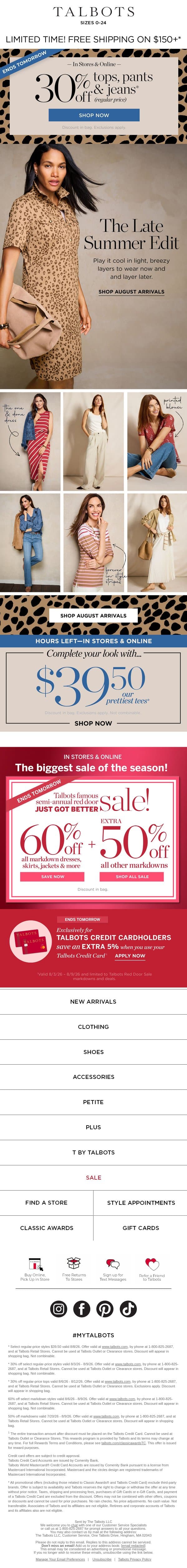 ENDS TOMORROW! 30% off tops, pants & jeans email from Talbots screenshot