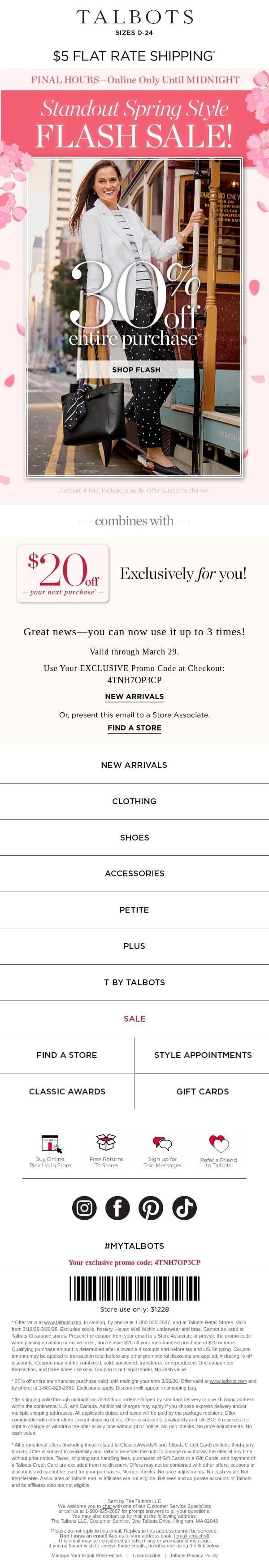 30% off everything + $5 shipping ⚡ ENDS MIDNIGHT ⚡* email from Talbots screenshot