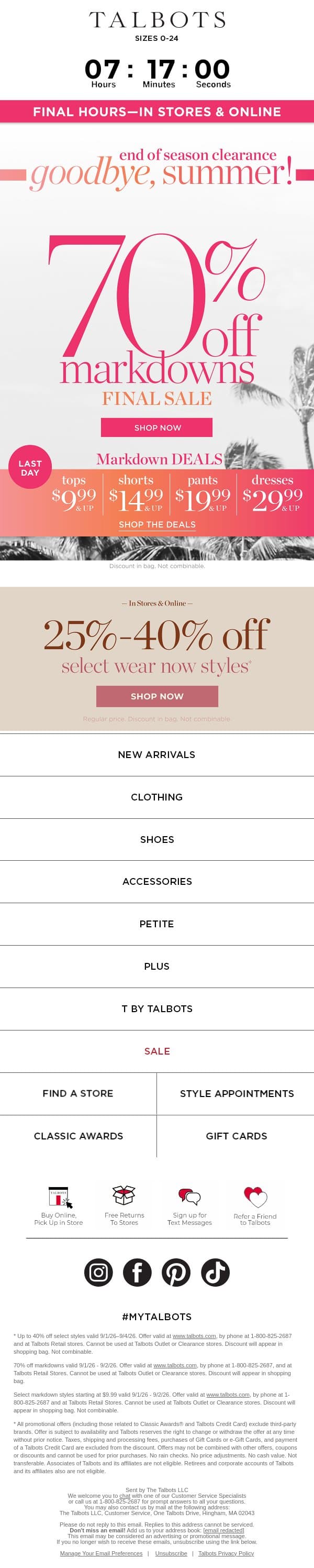HOURS LEFT to stock up on everything you need for one stunning season! email from Talbots screenshot