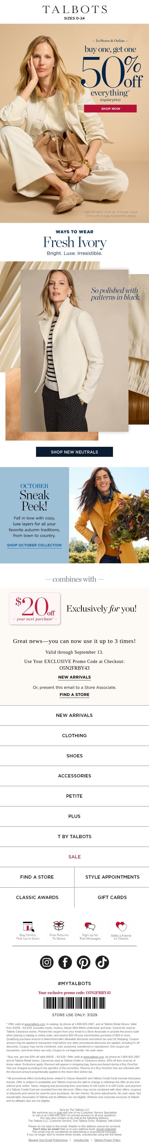 BOGO 50% off + Ways to Wear Fresh Ivory! email from Talbots screenshot
