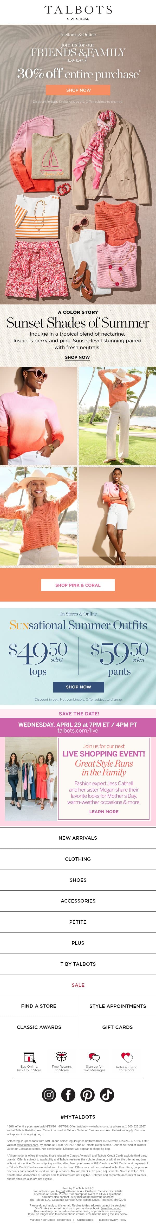 30% off the Sunset Shades of Summer email from Talbots screenshot