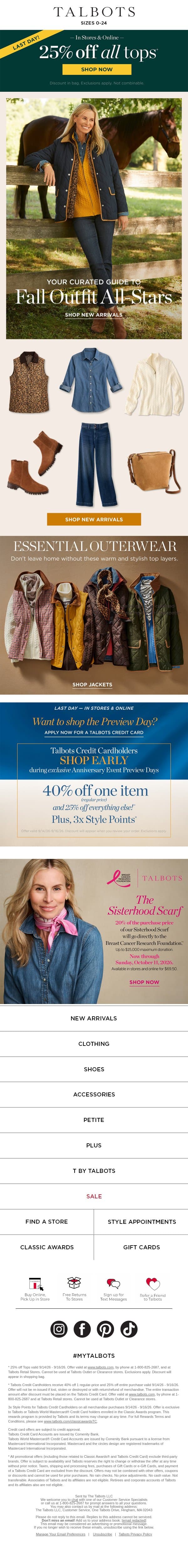 25% off all tops ends TODAY! email from Talbots screenshot