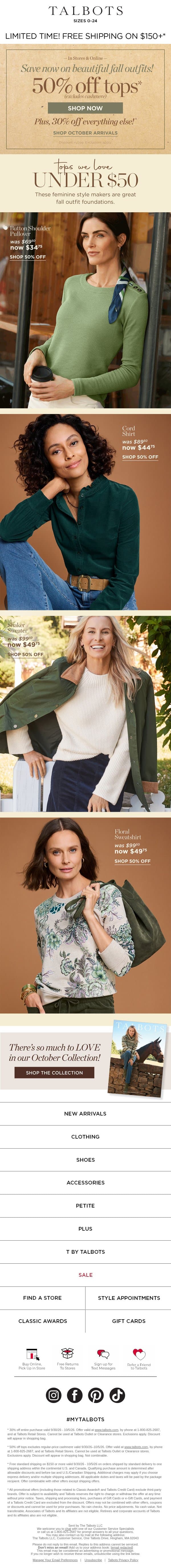 👚 50% off TOPS + 30% off everything else*👖 email from Talbots screenshot