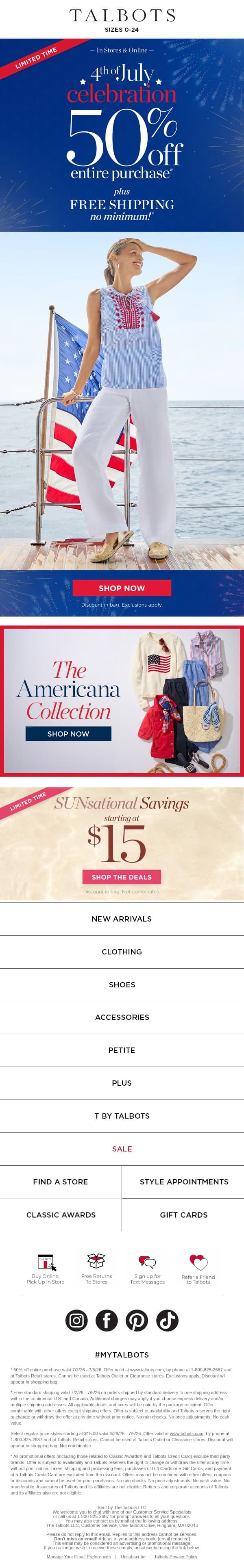 50% off 4th of July Celebration!* email from Talbots screenshot