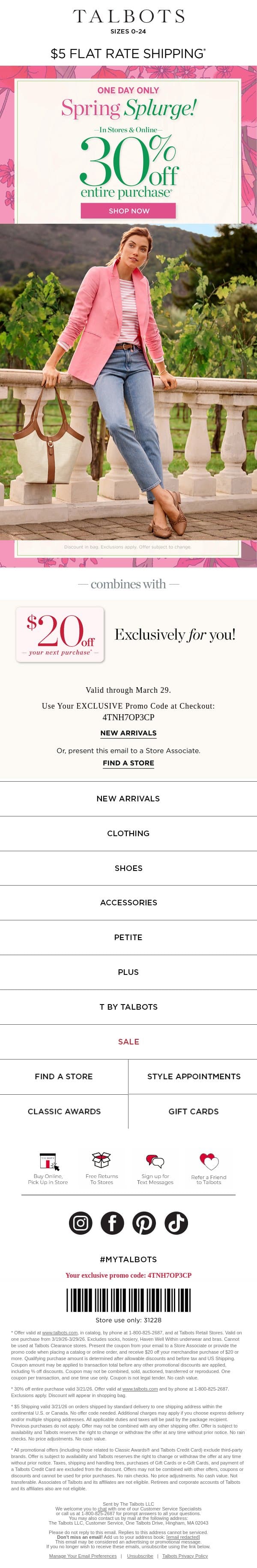📣 30% off EVERYTHING + $5 shipping* email from Talbots screenshot