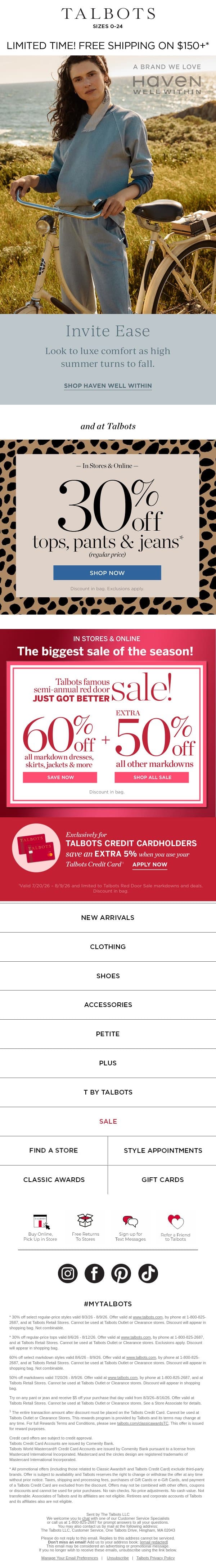 30% off TOPS, PANTS & JEANS email from Talbots screenshot