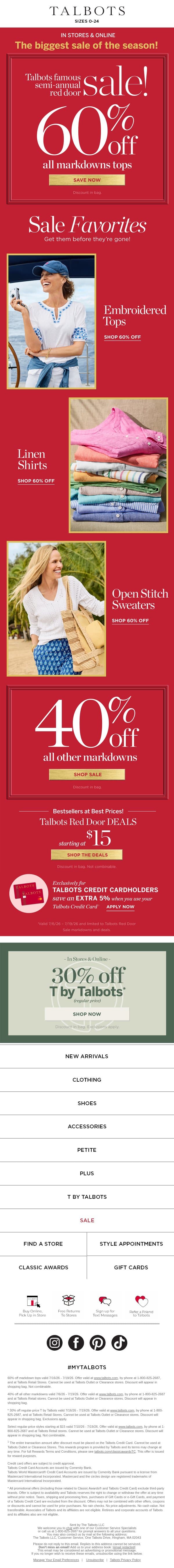 👚 60% off all sale TOPS starts NOW! email from Talbots screenshot