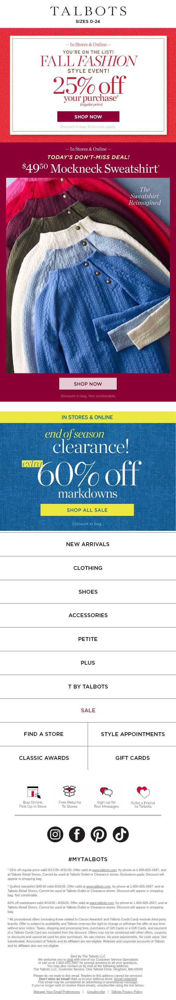 25% off your purchase during our Fall Style Event email from Talbots screenshot