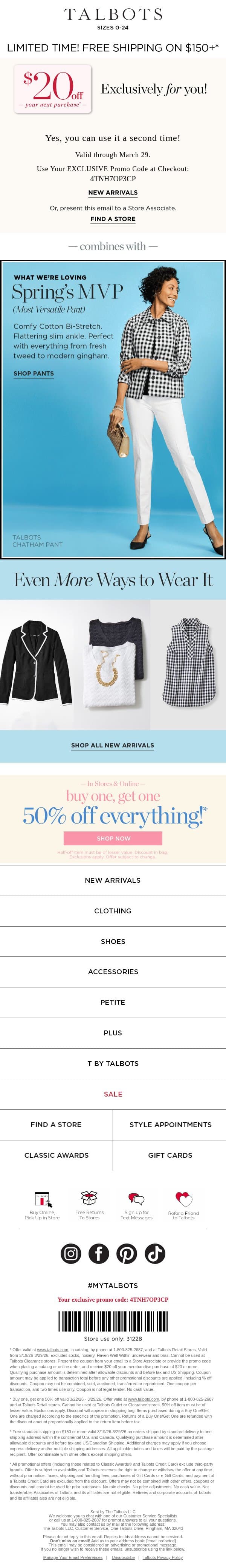 Meet Spring’s MVP + $20 off for YOU email from Talbots screenshot