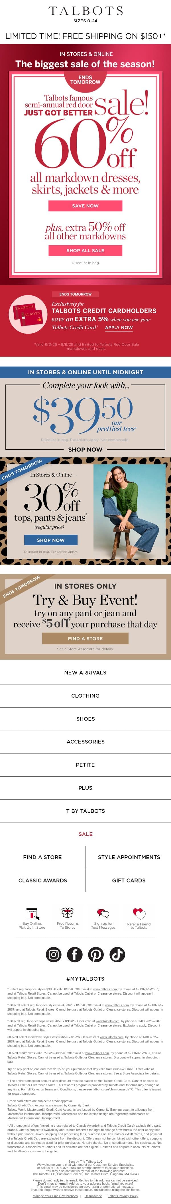 Our Prettiest Tees $39.50 TODAY ONLY! email from Talbots screenshot