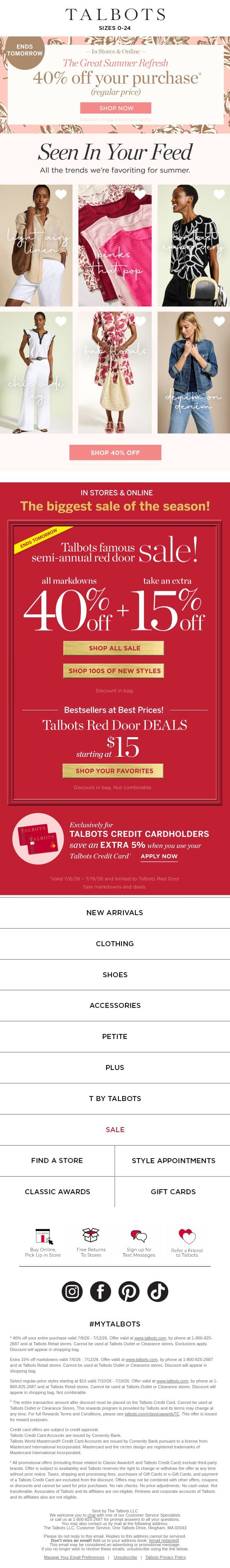 40% off everything ENDS TOMORROW!* email from Talbots screenshot