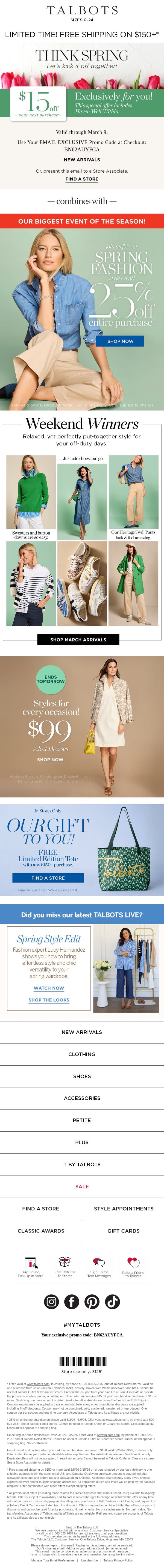 $15 off ✔️ $99 DRESSES ✔️ Celebrate National Dress Day‼️ email from Talbots screenshot