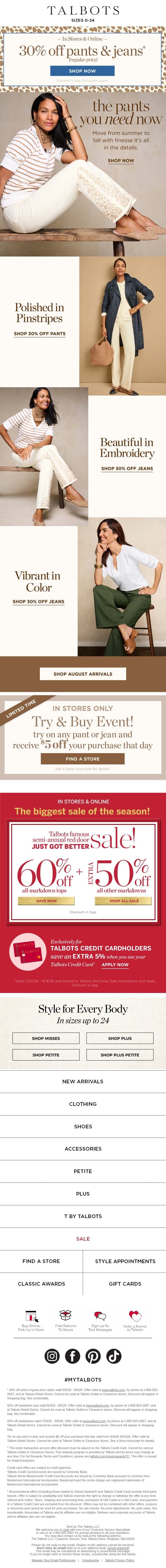 👖 30% off great-fitting PANTS & JEANS! 👖 email from Talbots screenshot