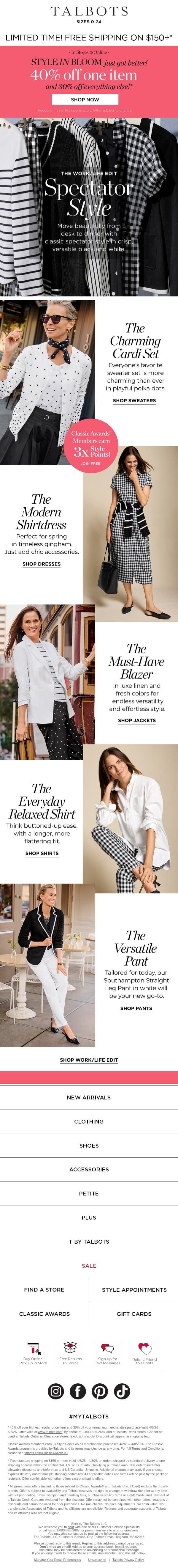 Spectator Style for the Workweek + 40% off your highest-priced item* email from Talbots screenshot