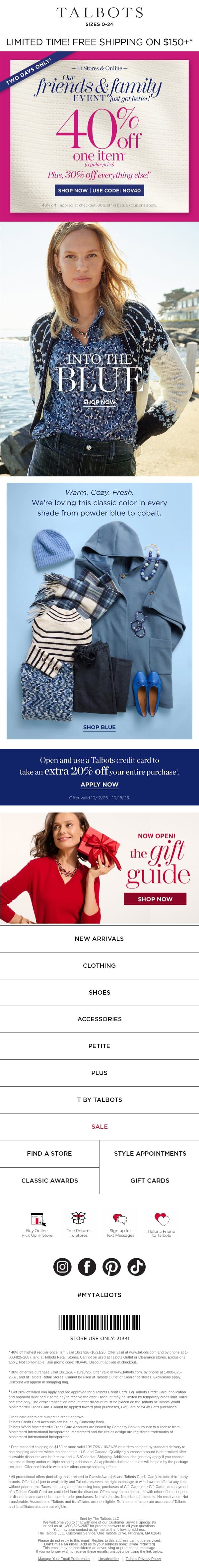 Say Hello to the NEW BLUES. email from Talbots screenshot