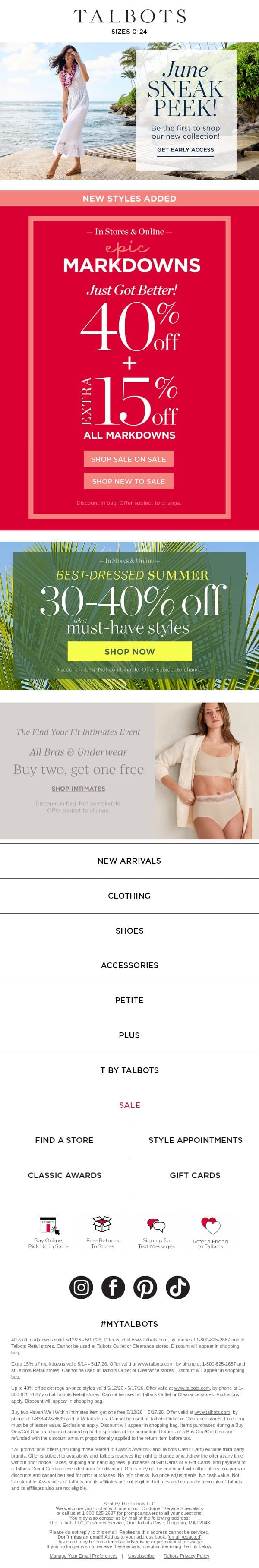 HUNDREDS of markdowns EXTRA 40% + 15% off! email from Talbots screenshot