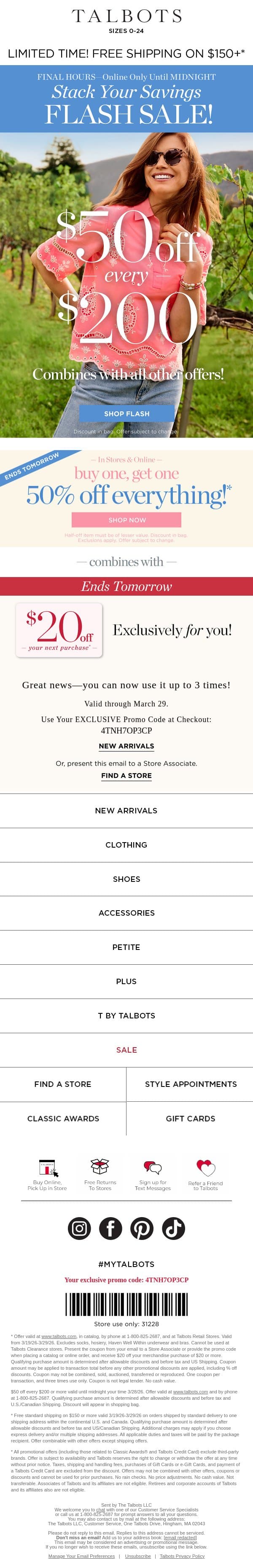 $50 off + BOGO 50% off ⚡ Ends MIDNIGHT ⚡ email from Talbots screenshot