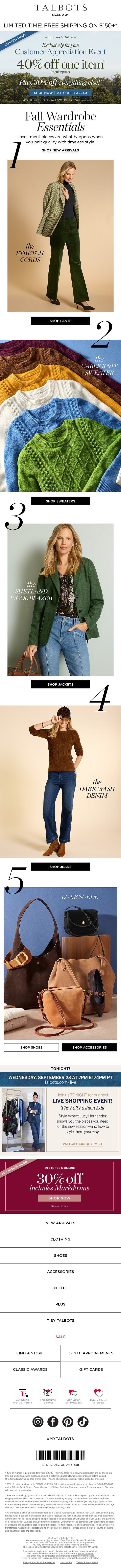 🚨 HURRY $150+ ships FREE & 40% off 1 item* email from Talbots screenshot
