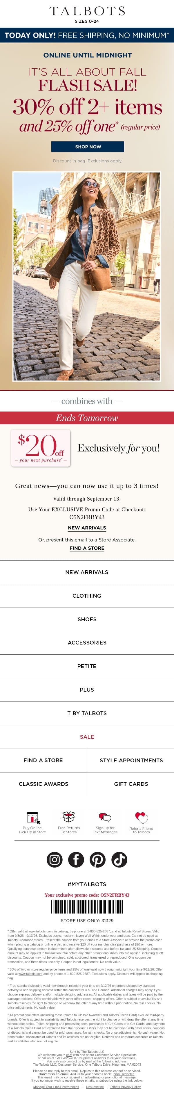 30% off 2 or more styles + FREE SHIPPING, no minimum* email from Talbots screenshot