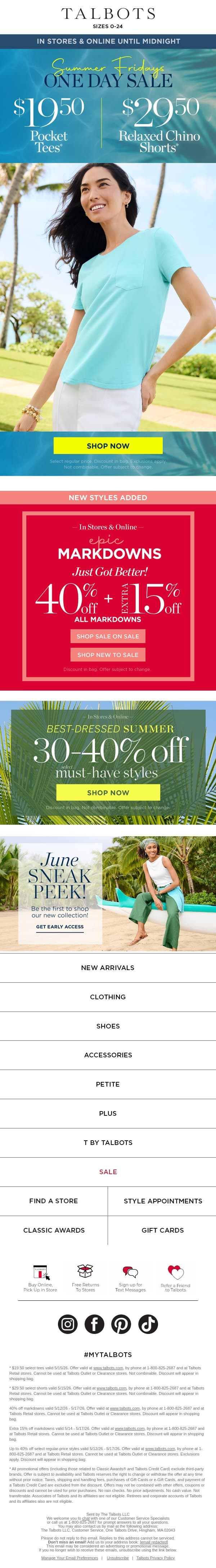 TODAY ONLY! $19.50 Tees + $29.50 Shorts ☀️ email from Talbots screenshot