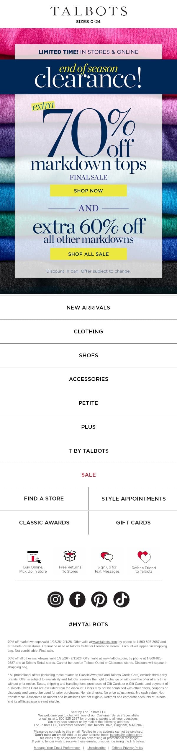 🚨 EXTRA 70% off markdown TOPS starts NOW! email from Talbots screenshot