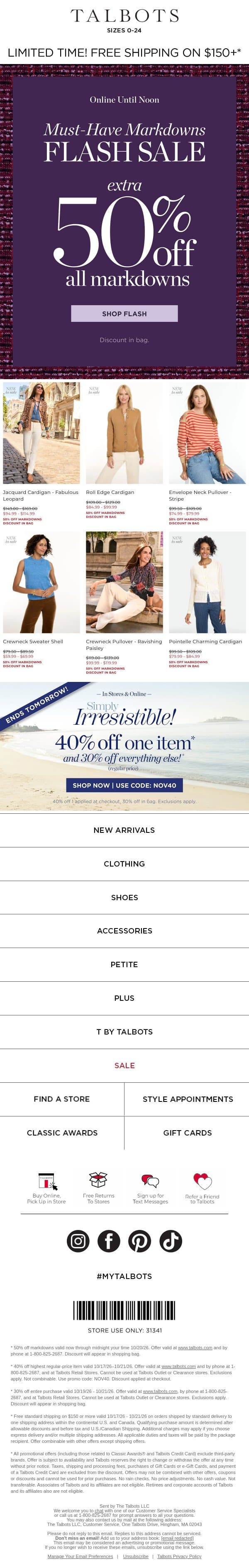 Extra 50% off all markdowns ⚡Ends NOON ⚡ email from Talbots screenshot