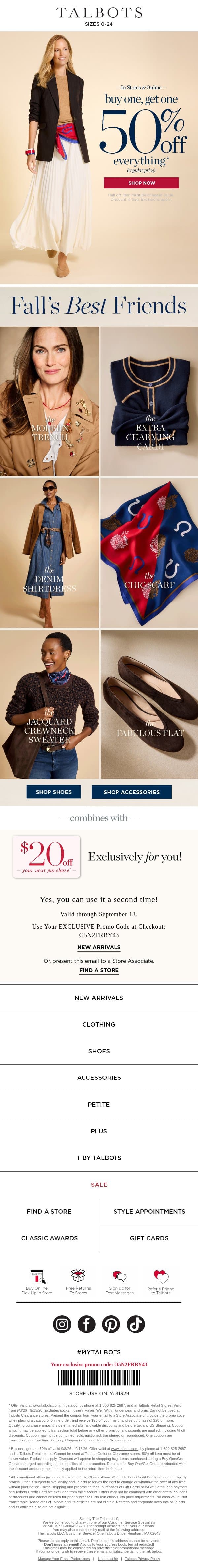 >>> BOGO 50% off + Spend Your $20 TWICE!<<<* email from Talbots screenshot