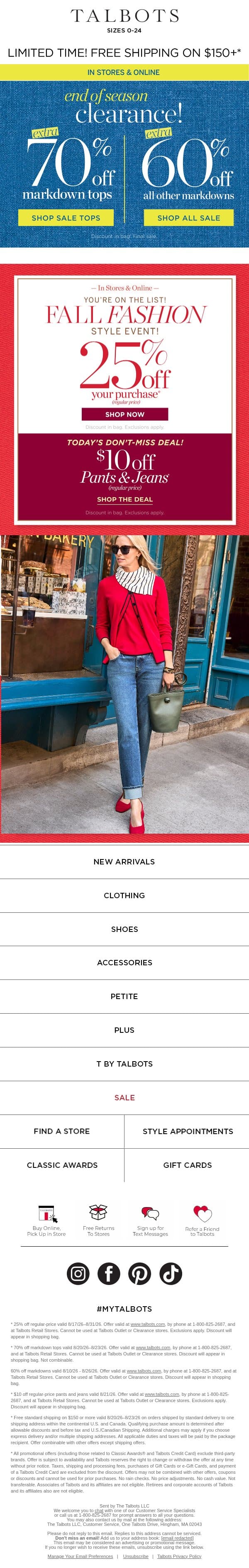TODAY’S DON’T-MISS DEAL—$10 off Pants & Jeans email from Talbots screenshot