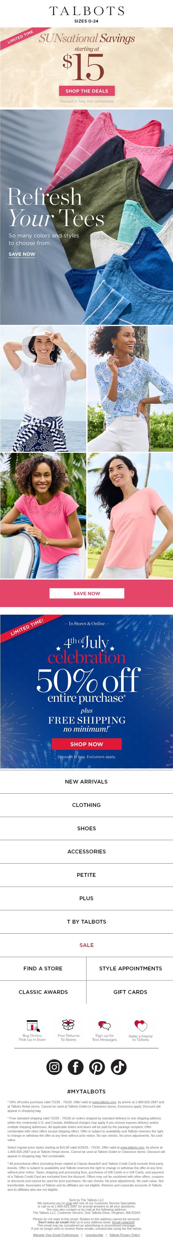 WOW savings—$15 and up must-haves for summer! email from Talbots screenshot