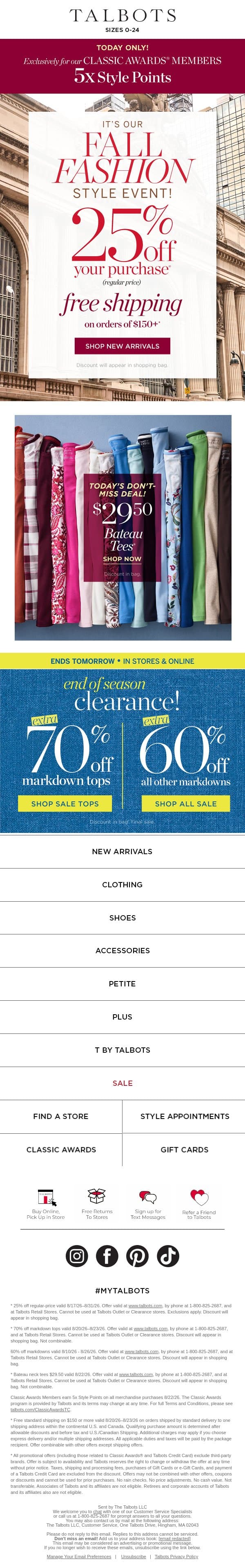 FINAL HOURS! 5x Style Points! $29.50 TEES! email from Talbots screenshot