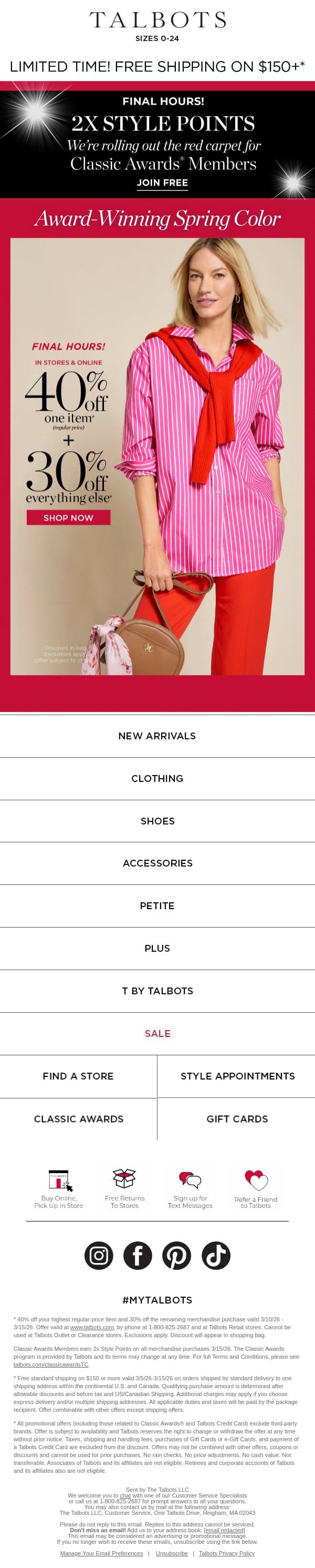 FINAL HOURS! 2x Style Points + 40% off 1 + 30% off the rest* ⭐⭐ email from Talbots screenshot