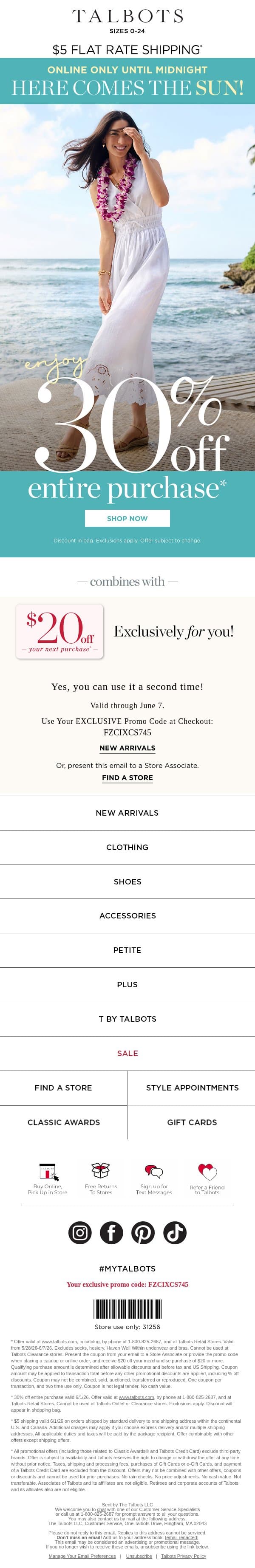 LAST CALL! 30% off + $5 shipping is ENDING* email from Talbots screenshot