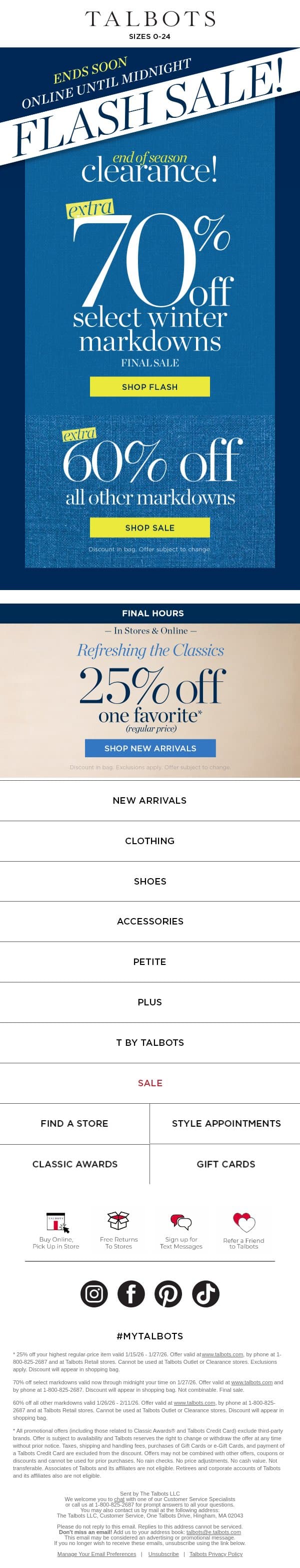 ❗ Extra 70% off select winter markdowns ENDS MIDNIGHT ❗ email from Talbots screenshot