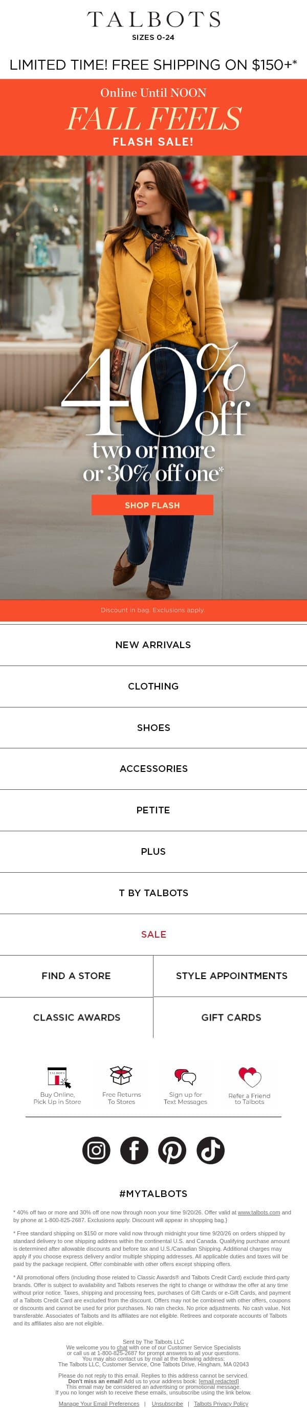 🍁 FLASH SALE 🍁 40% off 2 + items or 30% off 1* email from Talbots screenshot
