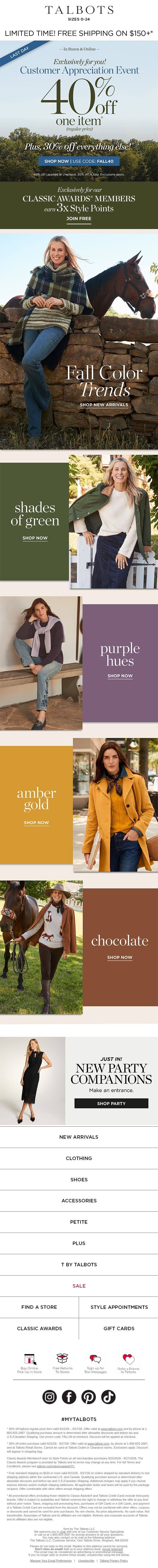 LAST DAY for 40% off 1 + 30% off EVERYTHING else! email from Talbots screenshot