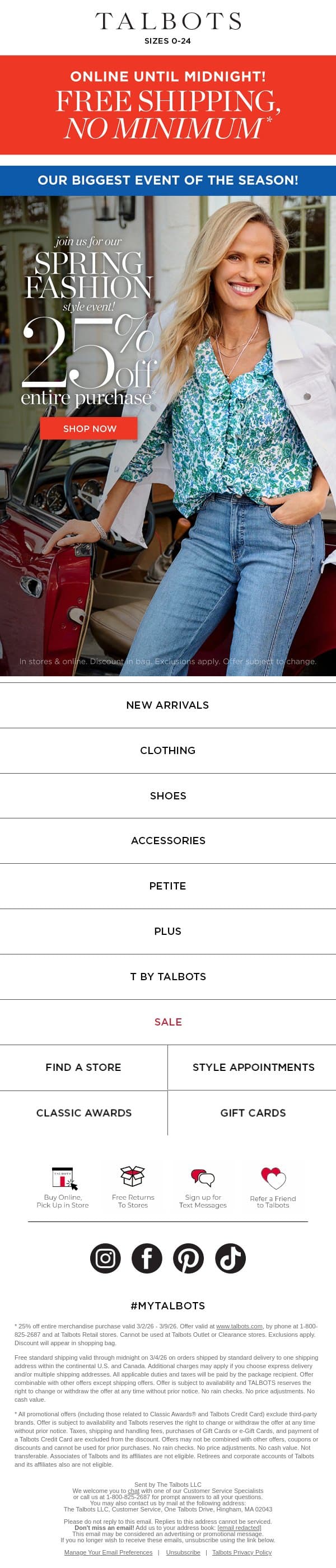 🚨 EXTENDED! Free Shipping + 25% off until MIDNIGHT 🚨* email from Talbots screenshot