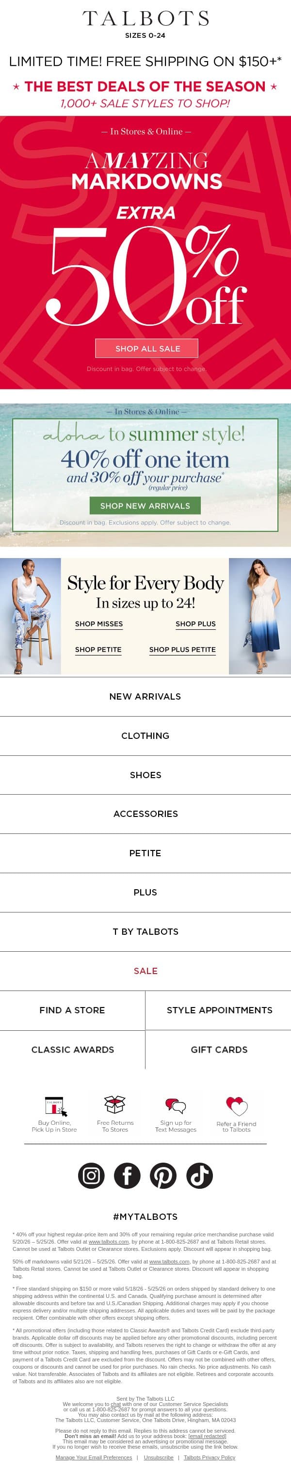 Over 1,000 markdowns—EXTRA 50% off email from Talbots screenshot