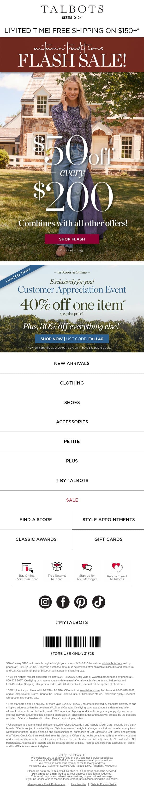 Up to 40% off + $50 off 🍂 Ends MIDNIGHT🍂 email from Talbots screenshot