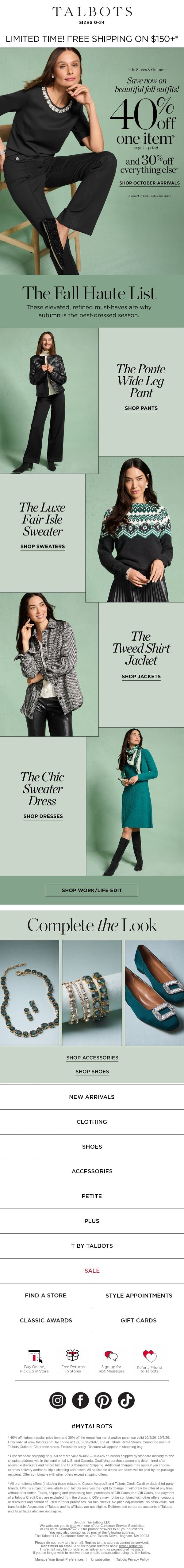 Fall Haute List! 40% off 1 + 30% off everything else* email from Talbots screenshot