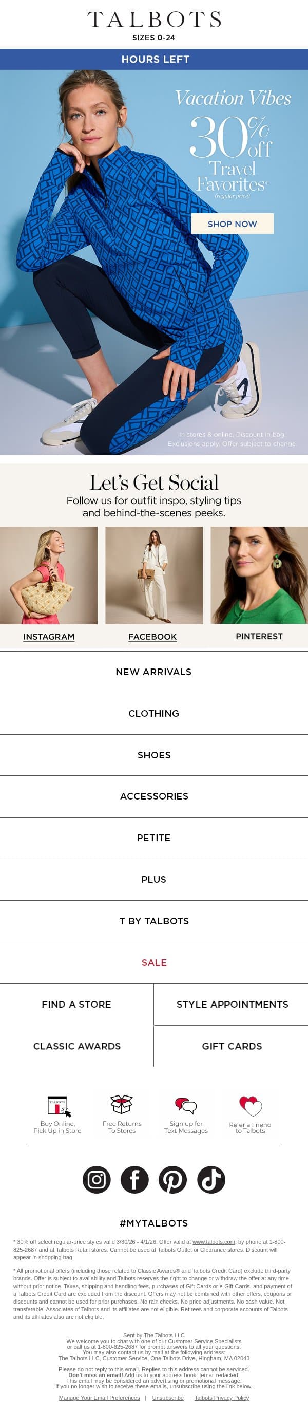 HOURS LEFT to save 30% on TRAVEL FAVORITES email from Talbots screenshot