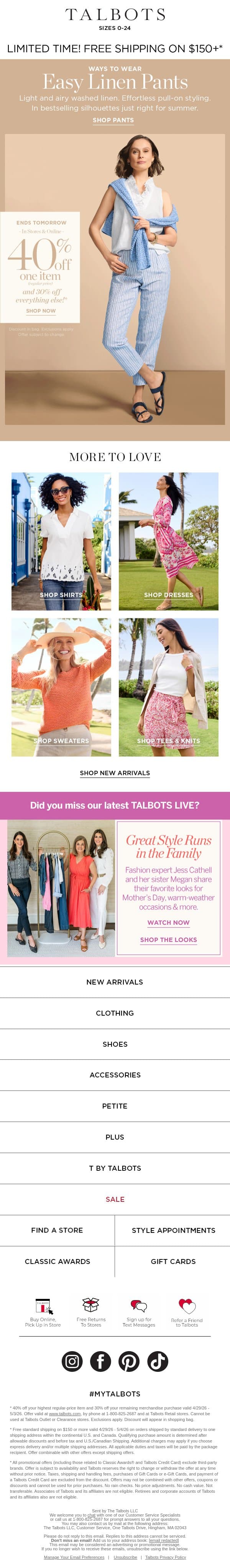 40% off 1 + Perfect Linen Pants* email from Talbots screenshot